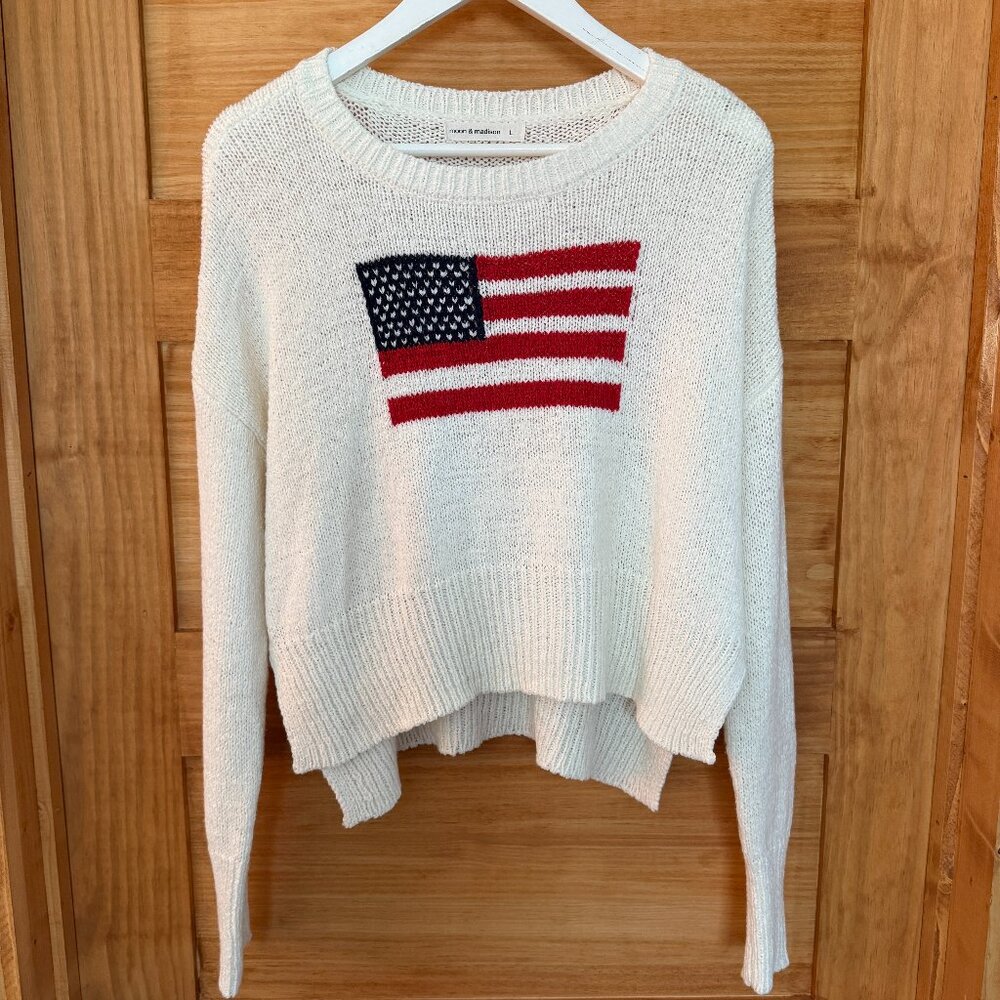 moon & madison Cream Knit Sweater with Red & Navy Flag Motif
